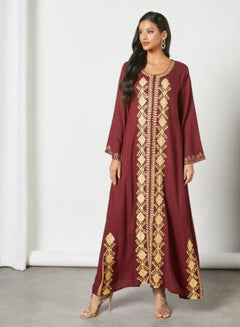 Buy Embroidered Scoop Neck Trendy Modest Jalabiya Maroon in Saudi Arabia