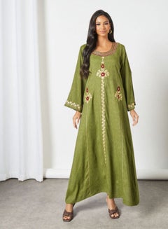 Buy Embroidered Scoop Neck Trendy Modest Jalabiya Mehndi Green in Saudi Arabia