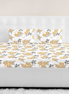 Buy Fitted Bedsheet Set Twin Size High Quality 100% Cotton Percale 144 TC Light Weight Everyday Use 1 Bed Sheet And 2 Pillow Cases Printed White/Gold/Grey Cotton White/Gold/Grey 120 x 200 + 33cm in UAE