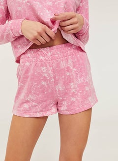 Buy Smocked Elastic Waist Knit Lounge Shorts Pink/White in Saudi Arabia