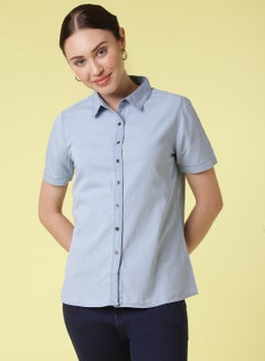 Buy Short Sleeve Denim Shirt Light Blue in UAE