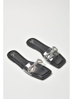 Buy Stone Embellished Broad Strap Square Toe Flat Sandals Black/Silver/Clear in Saudi Arabia