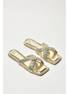 Buy Braided Criss-Cross Strap Square Toe Flat Sandals Gold in Saudi Arabia