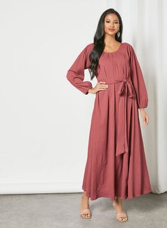 Buy Solid Pattern Tie-Waist Maxi Modest Dress Dark Carrot in Saudi Arabia