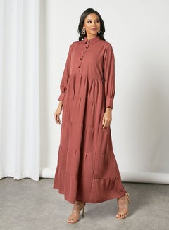 Buy Solid Pattern Maxi Modest Shirt Dress Dark Carrot in Saudi Arabia