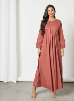 Buy Pleated Trendy Maxi Modest Dress Dark Carrot in Saudi Arabia