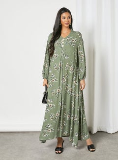 Buy Floral Printed Trendy Maxi Modest Dress Green in Saudi Arabia