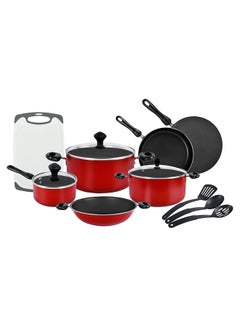 Buy 17-Piece Classique Pro Aluminium Non Stick Interior Durable & Light Weight Cookware Set Includes 14 cm Sauce Pan, 24 cm Covered Casserole, 24 cm Covered Casserole, 30 cm Covered Stock Pot, 24 cm Open Fry Pan, 28 cm Open Fry Pan, 25 cm Concave Tawa, 3 Pieces Knife Block Set, 3 Pieces Kitchen Toolset, Chopping Board Red/Black/Silver in UAE