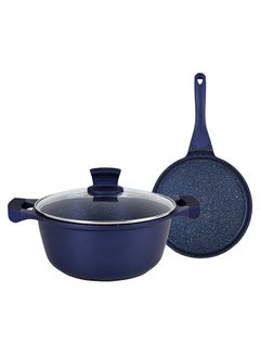 Buy 3-Piece Cast Aluminum Granite Non-Stick Cookware Set Includes 1xCasserole With Lid 24cm, 1xTawa 26cm Blue in UAE