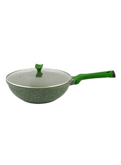 Buy Granite Non-Stick Aluminium Wok Pan With Lid Green/Clear 28cm in UAE