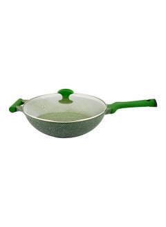 Buy Granite Non-Stick Aluminium Wok Pan With Lid Green/Clear 32cm in UAE