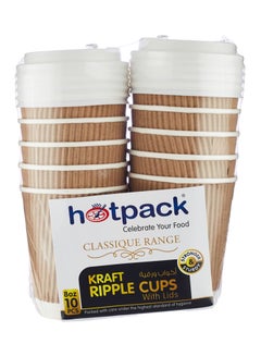 Buy 10-Piece Kraft Ripple Cup  With Lid Set Brown/White in Saudi Arabia