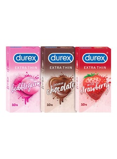 Buy Pack Of 3 Boxes Mix Flavoured Bubblegum Chocolate Wild Strawberry Extra Thin Condoms For Men in UAE