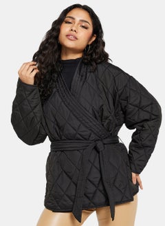 Buy Plain Waist Belt V-Neck Coat Black in UAE