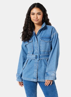 Buy Belted Oversized Denim Jacket Blue in UAE