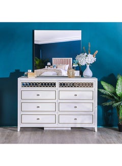 Buy Hernan Dresser With Mirror 8-Drawer Vanity Table Modern Design Makeup Desk With Storage For Bedroom White Glossy/Gold 145x42x187cm in UAE