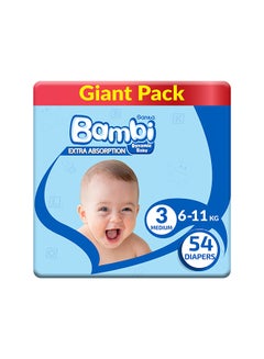 Buy Baby Diapers Giant Pack Size 3, Medium, 6-11 KG, 54 Count in UAE