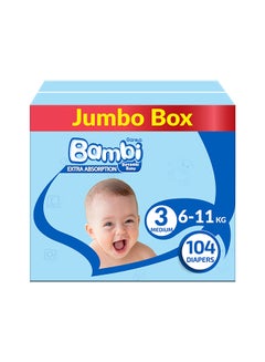 Buy Baby Diapers, Size 3, 6 - 11 Kg, 104 Count - Medium, Jumbo Box, Now Thinner And More Absorbent in UAE
