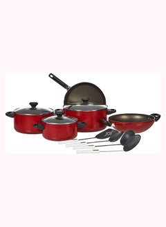 Buy 12-Piece Non-Stick Aluminium Cookware Set With Kettle Includes 3 xCasserole 20 cm,24cm,3xLids, Skillet 28 cm, 4xKitchen Tools Red/Black/Silver in UAE