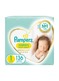 Buy Premium Care Newborn Taped Diapers, Size 1, 2-5kg,  Softest Absorption for Ultimate Skin Protection, 136 Count in UAE