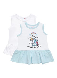 Buy Baby Girls  2-Piece Cotton Sleeveless Dress Set White/Sky Blue in UAE