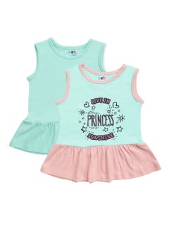 Buy Baby Girls  2-Piece Cotton Sleeveless Dress Set Green/Pink in UAE