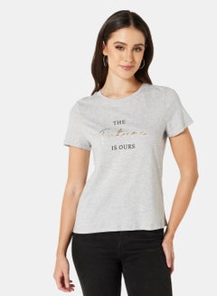 Buy Basic Text Print T-Shirt Grey in Saudi Arabia