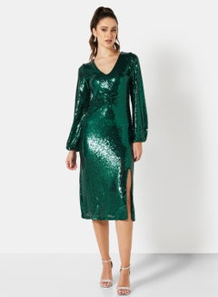 Buy Sequin Front Slit Midi Dress Sea Moss in UAE