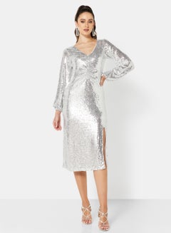 Buy Sequin Front Slit Midi Dress Silver in UAE