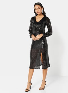 Buy Sequin Front Slit Midi Dress Black in UAE