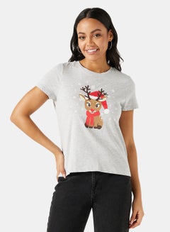 Buy Reindeer Graphic Christmas T-Shirt Grey in UAE