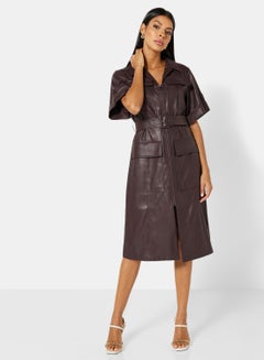 Buy Faux Leather Utility Dress Brown in UAE
