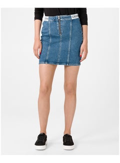 Buy Logo Band Zip Through Denim Skirt Ice Mid Blue/White in UAE