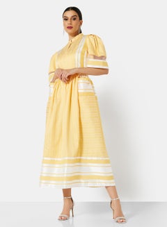 Buy Puff Sleeve Self Fabric Midi Dress Yellow in UAE