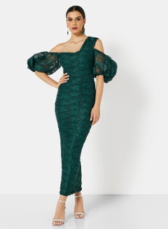 Buy Ruched Lace Bodycon Dress Green in UAE
