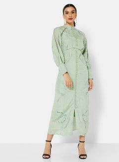 Buy Lace Trim Embroidered Dress Pale Green in UAE