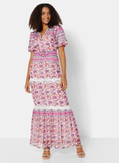Buy Floral Print Belted Maxi Dress Multicolour in UAE