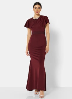 Buy Embellished Neckline Dress Burgundy in UAE