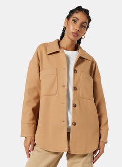 Buy Essential Relaxed Collar Overcoat Beige in Saudi Arabia