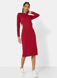 Buy Ribbed Cut Out Midi Dress Wine in UAE