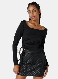 اشتري Ruched Square Neck T-Shirt Black في الامارات