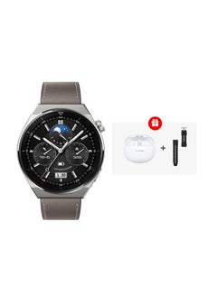 اشتري 530.0 mAh GT 3 Pro Smart Watch Odin Classic Titanium Case with Leather Strap And Free Buds Grey في الامارات