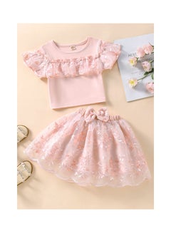 Buy Girls Short Sleeve Lace Top Wave Skirt Two Piece Set in Saudi Arabia