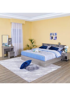 Buy Gamorah 5 Pieces Bed Set King Size, Night Stand, Dresser and Stool With Mirror, Wood Warm Grey 180x200cm in UAE