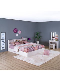 Buy Gamorah 5 Pieces Bed Set King Size, Night Stand, Dresser And Stool with Mirror, Wood Washed White 180x200cm in UAE