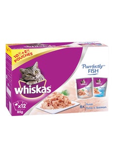 اشتري Purrfectly Fish With Tuna And Salmon, Wet Cat Food Pouch Pack Of 12 85grams في السعودية