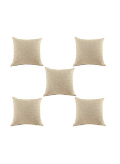 Buy 5 Pieces Linen Decorative Cushion Set Solid Design Light Beige 45x45cm in Saudi Arabia