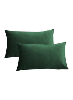 Buy 2 Pieces Velvet Decorative Cushion Set Solid Design Dark Green 30x50cm in Saudi Arabia