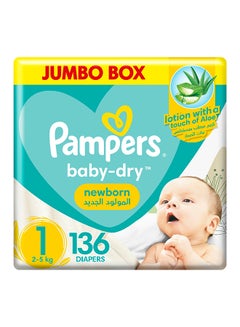 اشتري Baby-Dry Diapers, Size 1, Newborn, 2-5Kg, 136 Baby Diapers في السعودية