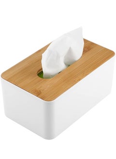 Buy Plastic Rectangular Shape Facial Tissue Box With Bamboo Cover White 23x13x10cm in Saudi Arabia